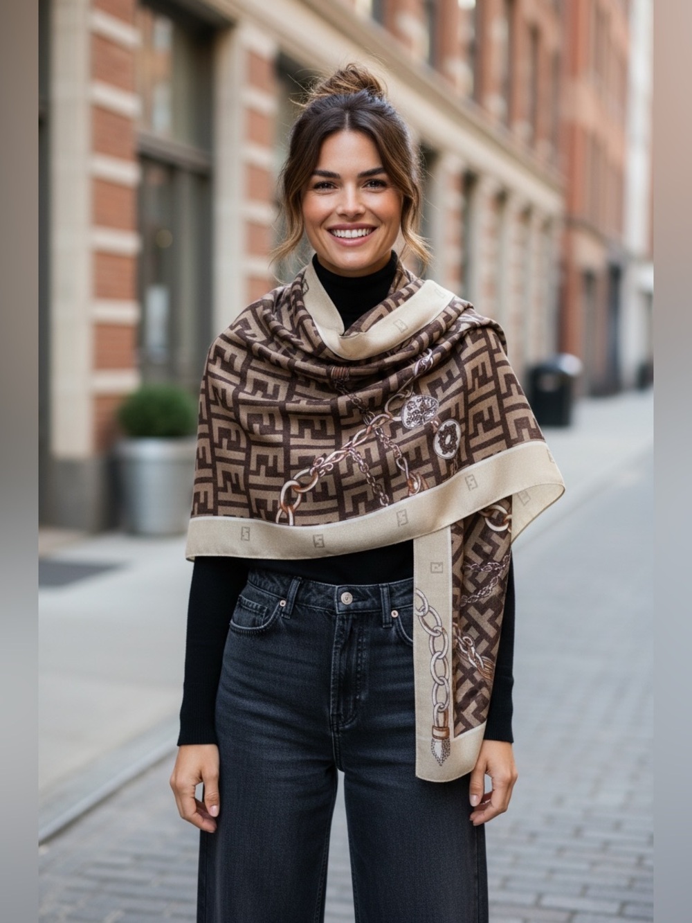 NWT Luxurious Brown and Cream Geometric Scarf